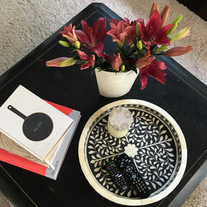 Black Ethnic Floral Bone Inlay Serving Tray
