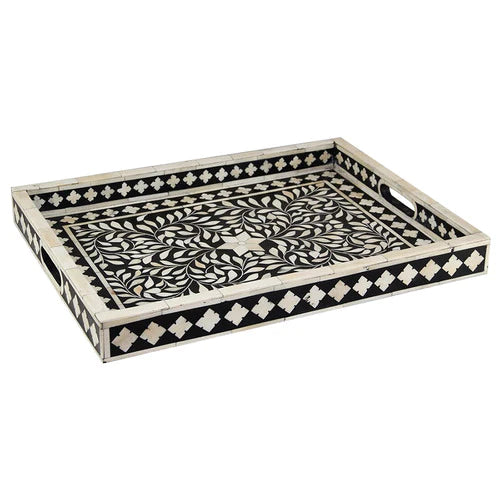 Black Ethnic Floral Bone Inlay Serving Tray