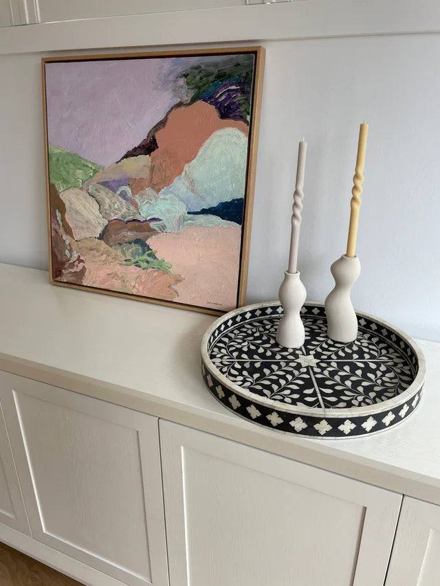 Black Ethnic Floral Bone Inlay Serving Tray