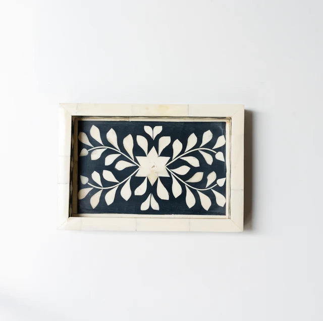 Black Ethnic Floral Bone Inlay Serving Tray