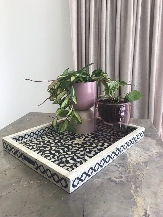 Black Ethnic Floral Bone Inlay Serving Tray