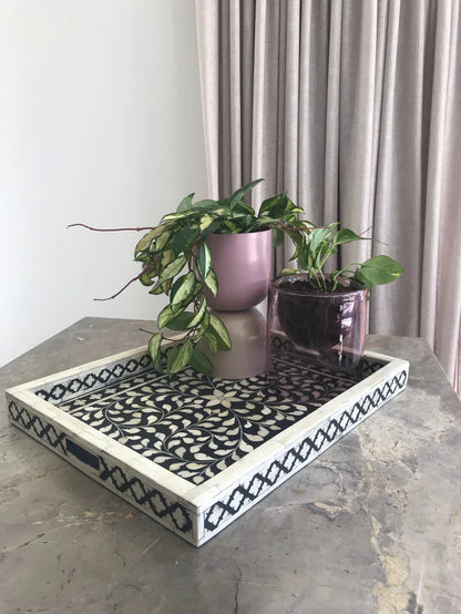 Black Ethnic Floral Bone Inlay Serving Tray