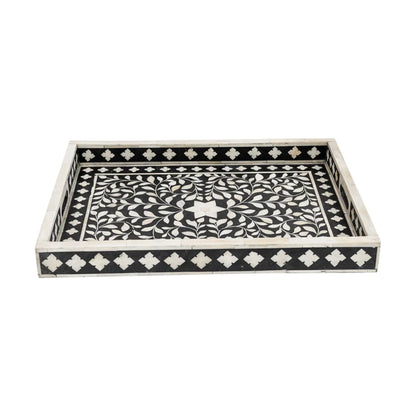 Black Ethnic Floral Bone Inlay Serving Tray