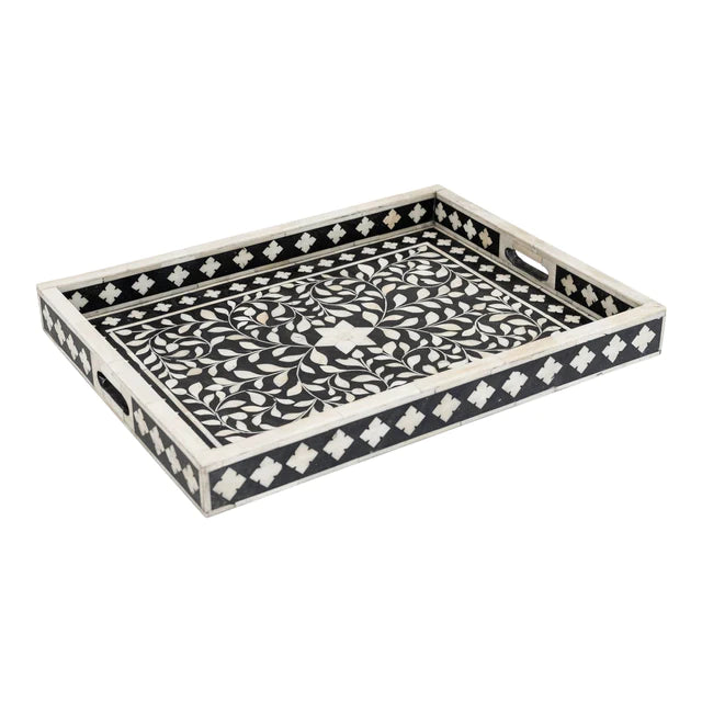 Black Ethnic Floral Bone Inlay Serving Tray