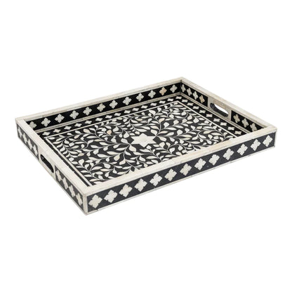 Black Ethnic Floral Bone Inlay Serving Tray