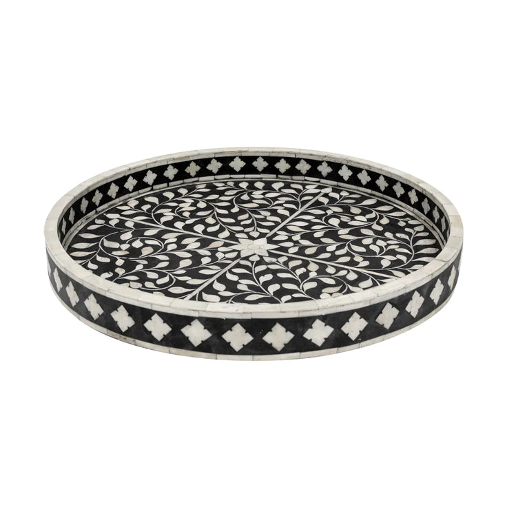 Black Ethnic Floral Bone Inlay Serving Tray