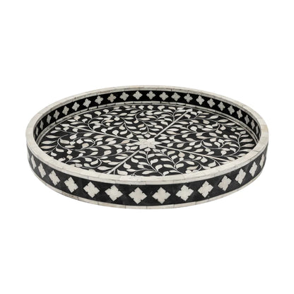 Black Ethnic Floral Bone Inlay Serving Tray