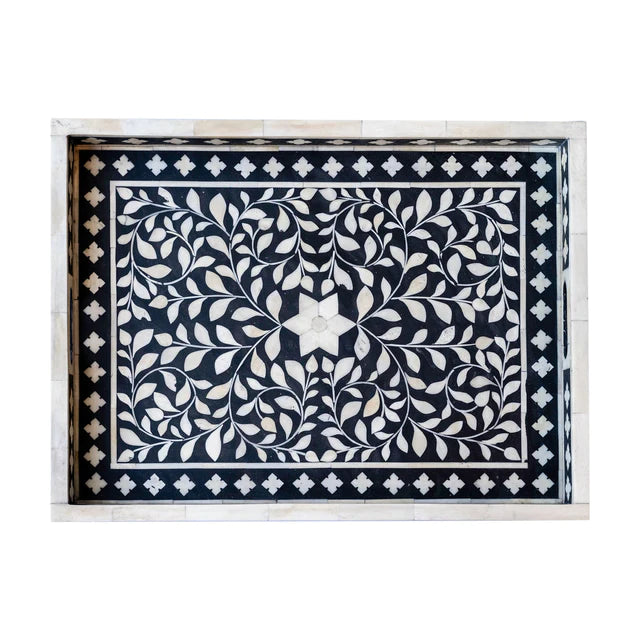 Black Ethnic Floral Bone Inlay Serving Tray