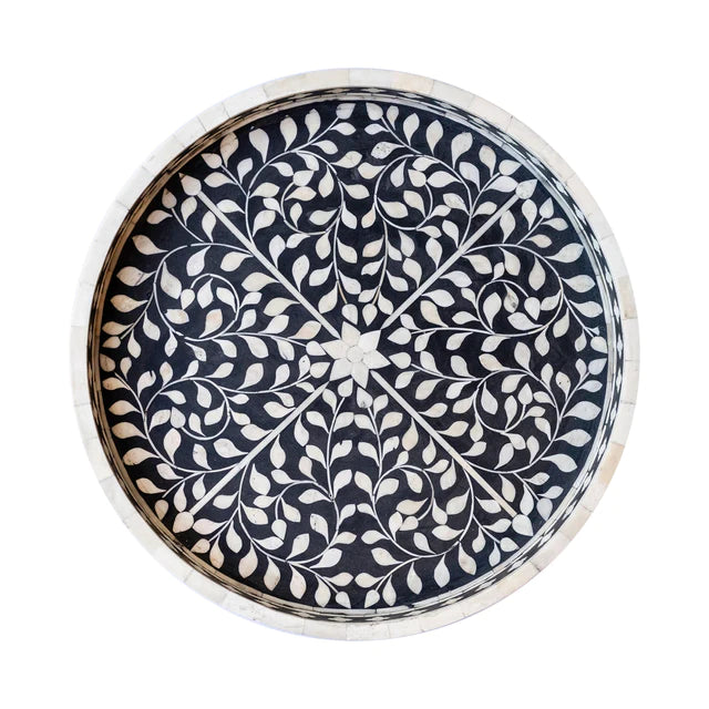 Black Ethnic Floral Bone Inlay Serving Tray