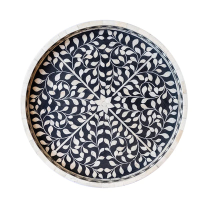 Black Ethnic Floral Bone Inlay Serving Tray